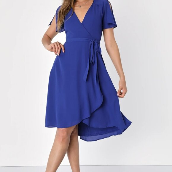 LULUS RISE TO THE OCCASTION ROYAL BLUE WRAP DRESS BUTTERFLY SLEEVE SIZE MEDIIUM - Picture 1 of 14